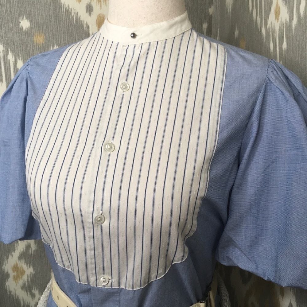Ralph Lauren Blue & Off White Pouf Sleeve Bib Front Cotton Tuxedo Blouse